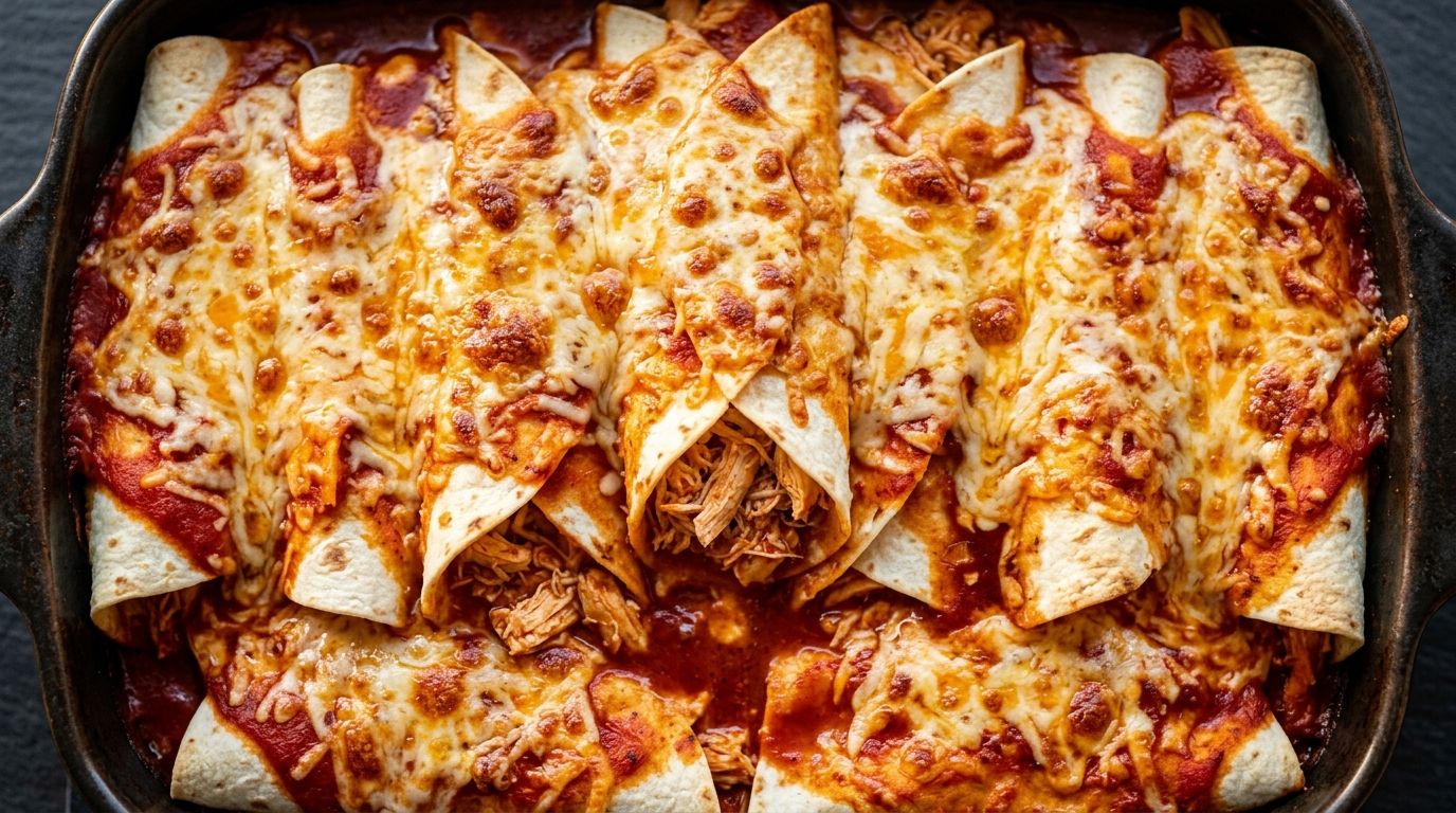 Crockpot chicken enchiladas in a baking dish with golden melted cheese and red enchilada sauce.