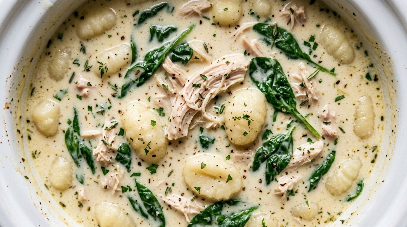 Overhead view of creamy crockpot chicken gnocchi soup in a white ceramic bowl with shredded chicken, spinach, and herb broth.