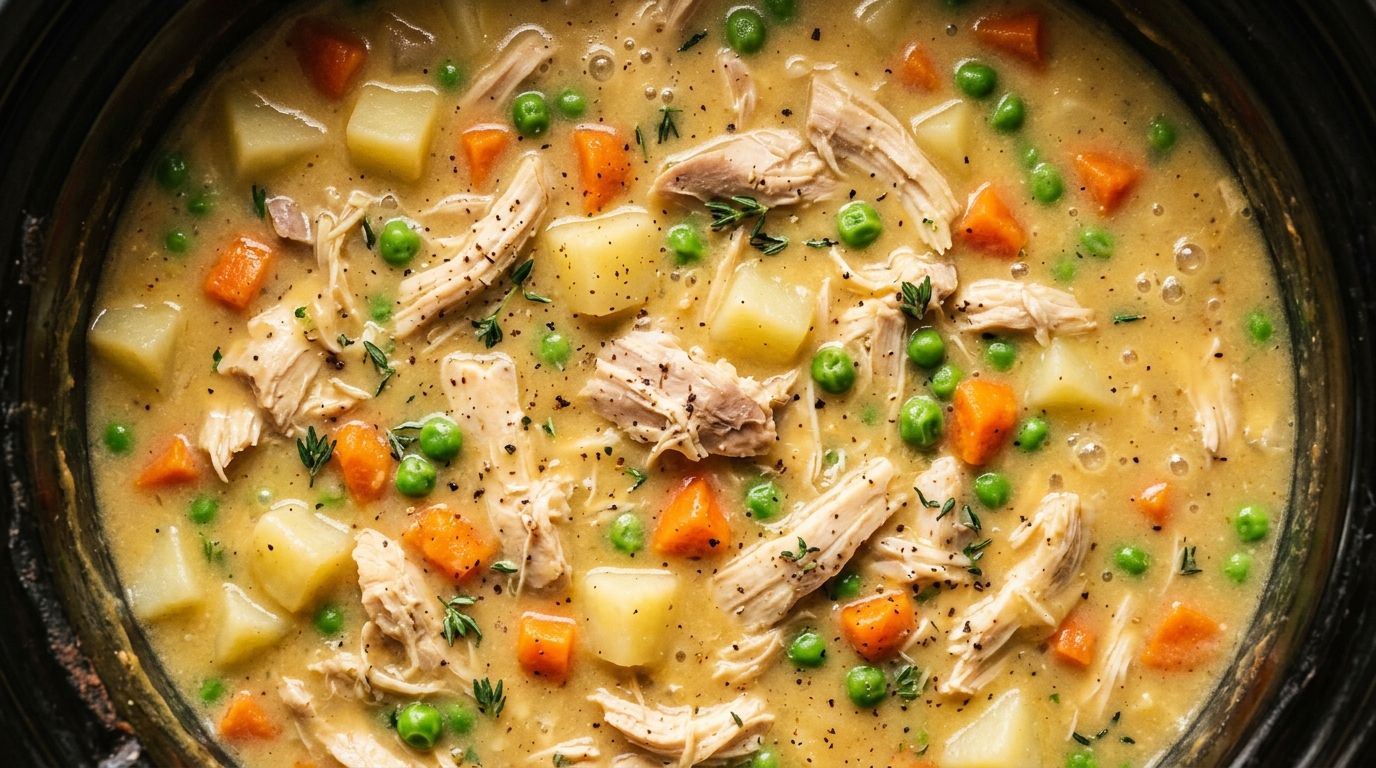 Crockpot chicken pot pie filling with shredded chicken, peas, carrots, and potatoes in a creamy golden gravy.