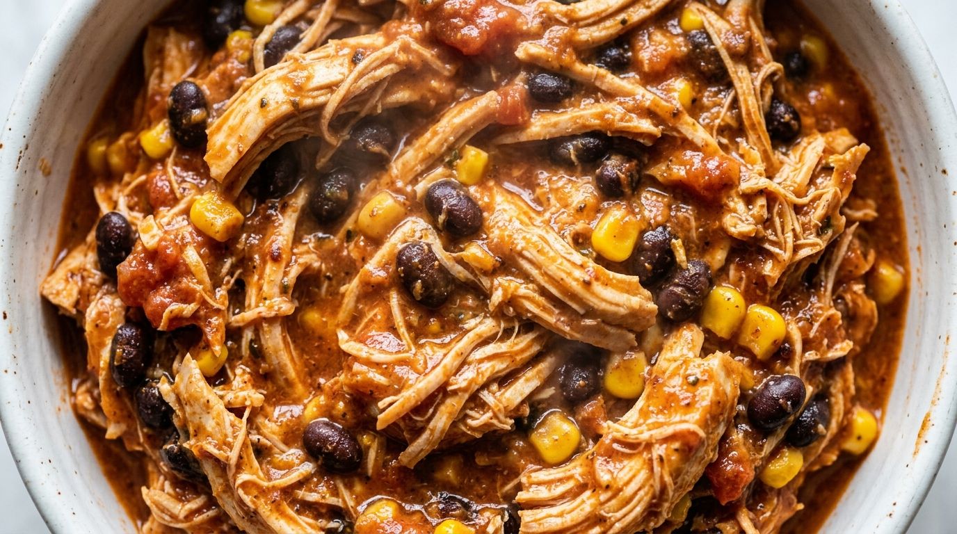 Shredded crockpot fiesta chicken in a white bowl with black beans, corn, and creamy tomato sauce.