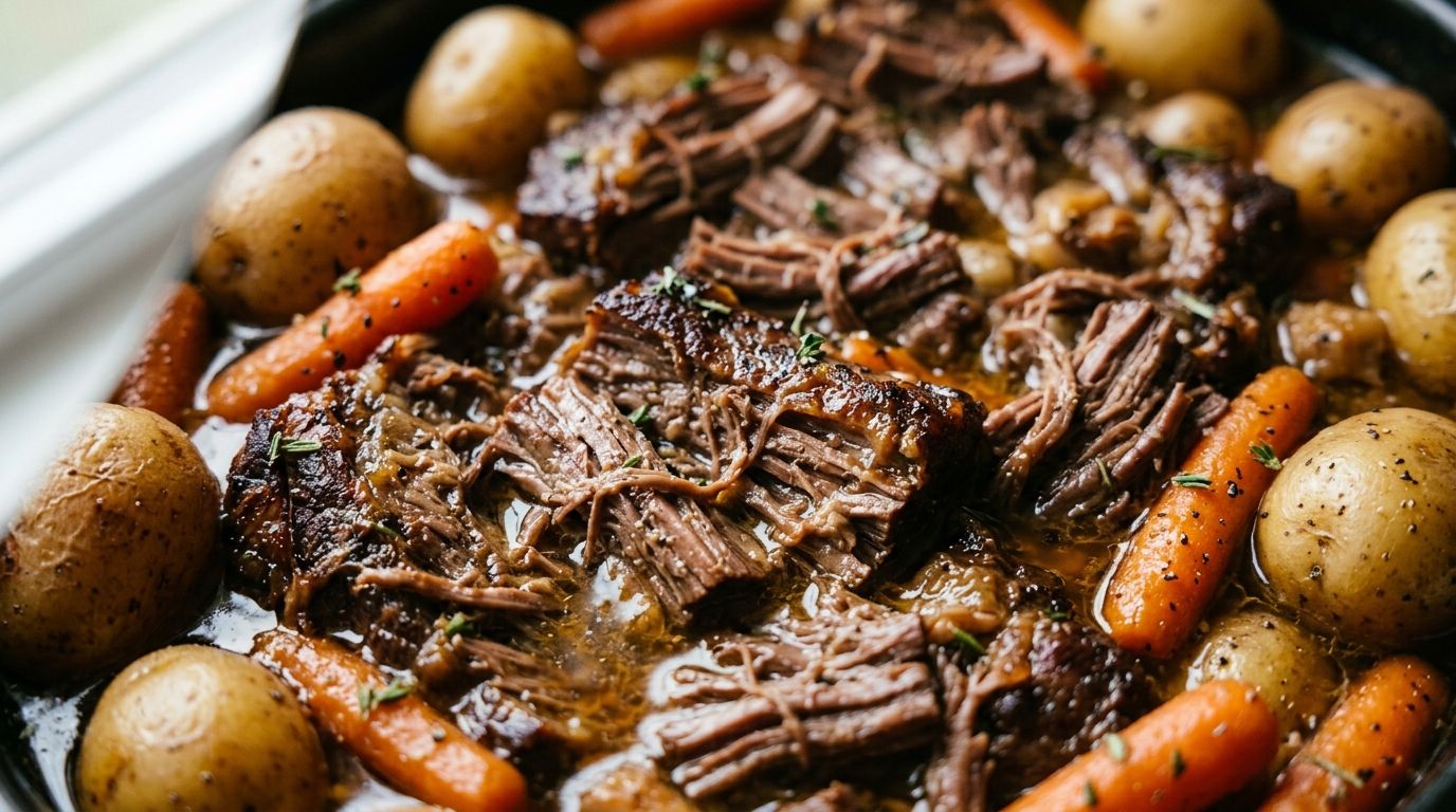 Shredded crockpot pot roast with tender carrots and baby potatoes in rich glossy beef broth in a slow cooker.