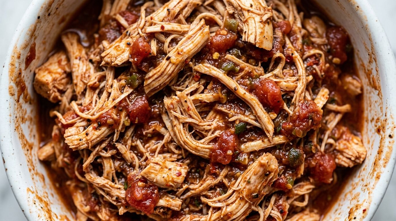 Shredded crockpot salsa chicken in a white ceramic bowl coated in rich red salsa sauce with tomato chunks.