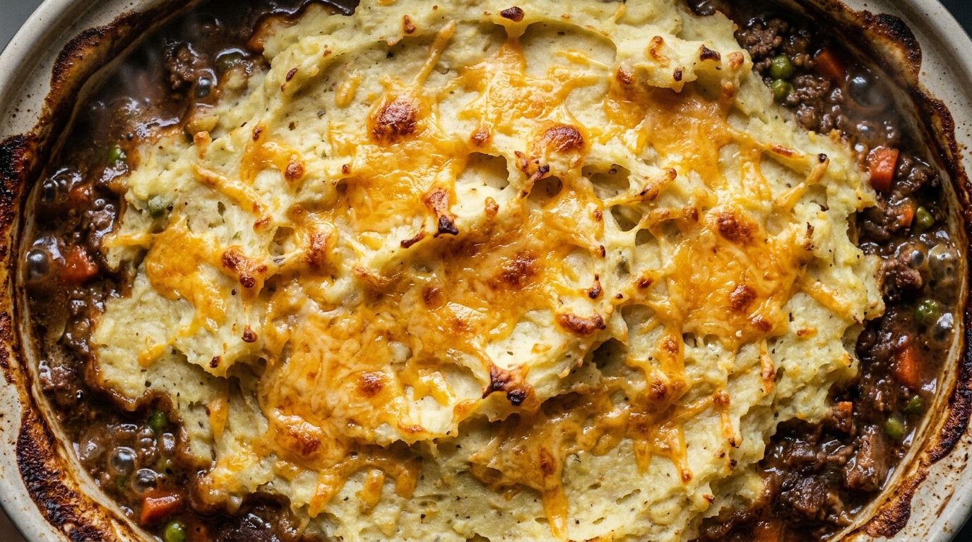 Crockpot shepherds pie with golden mashed potato crust and melted cheddar in a slow cooker insert.