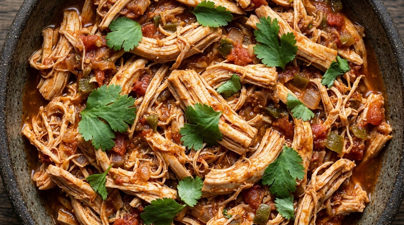 Shredded chicken taco filling with cilantro and tomato braising liquid in a crockpot on a dark wood surface.