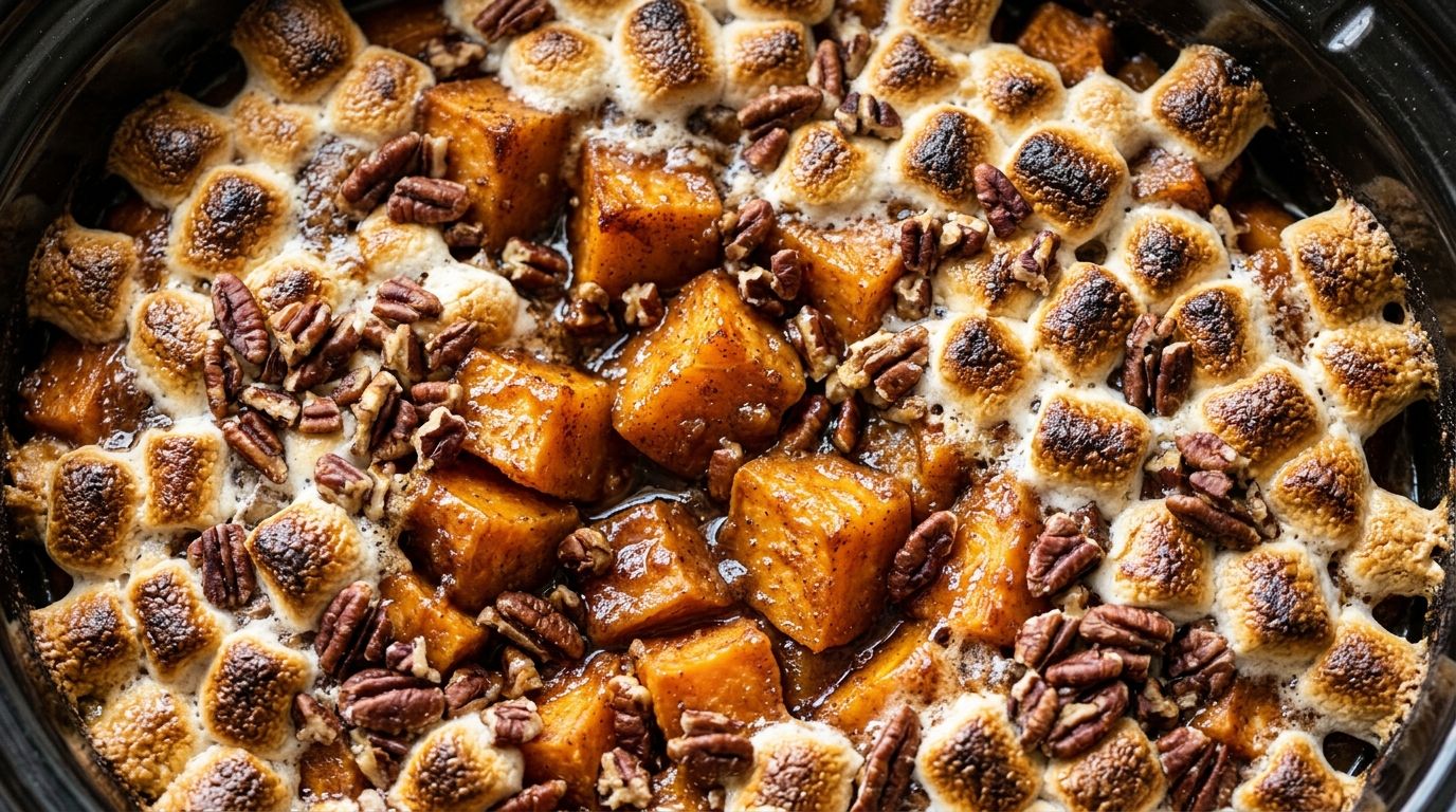 Crockpot sweet potato casserole with toasted marshmallows and chopped pecans on a dark wood surface.