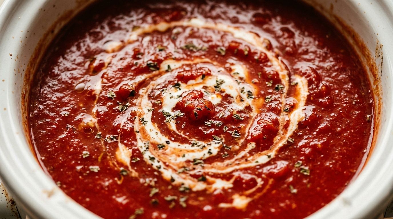 Bowl of creamy crockpot tomato soup with a swirl of cream and fresh basil on a dark wooden surface.
