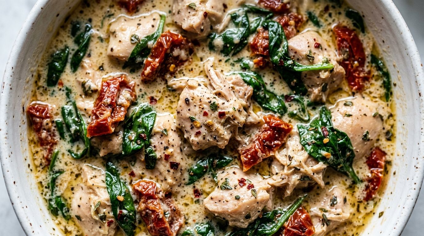 Crockpot Tuscan chicken in a white bowl with creamy sun-dried tomato sauce and wilted spinach.