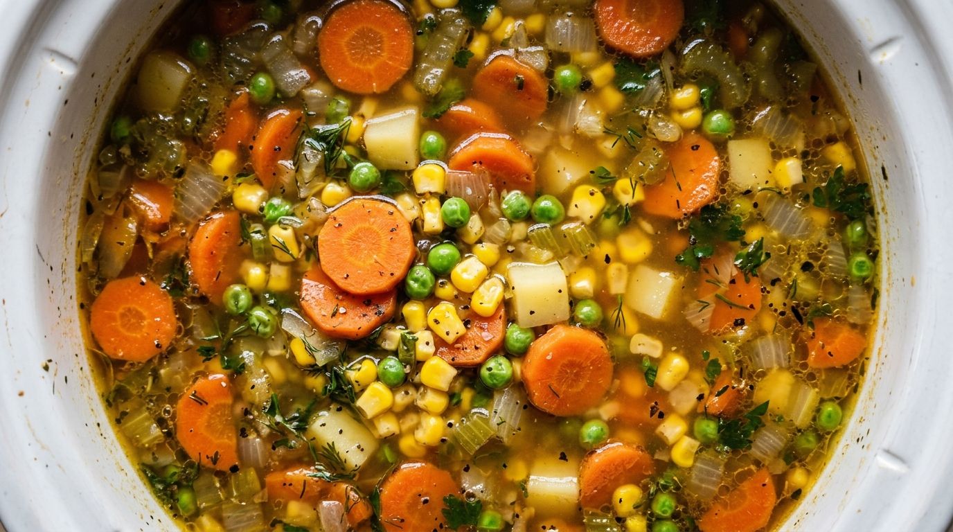 Crockpot vegetable soup in a white bowl with carrots, potatoes, celery, corn, and peas in golden broth.