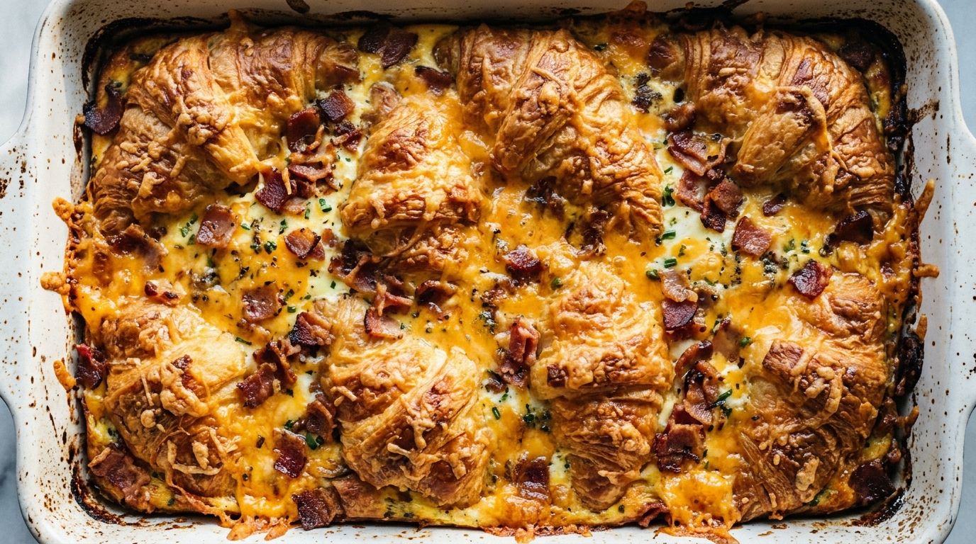 Croissant breakfast casserole in a white baking dish with golden bacon, melted cheddar, and fresh chives on top.