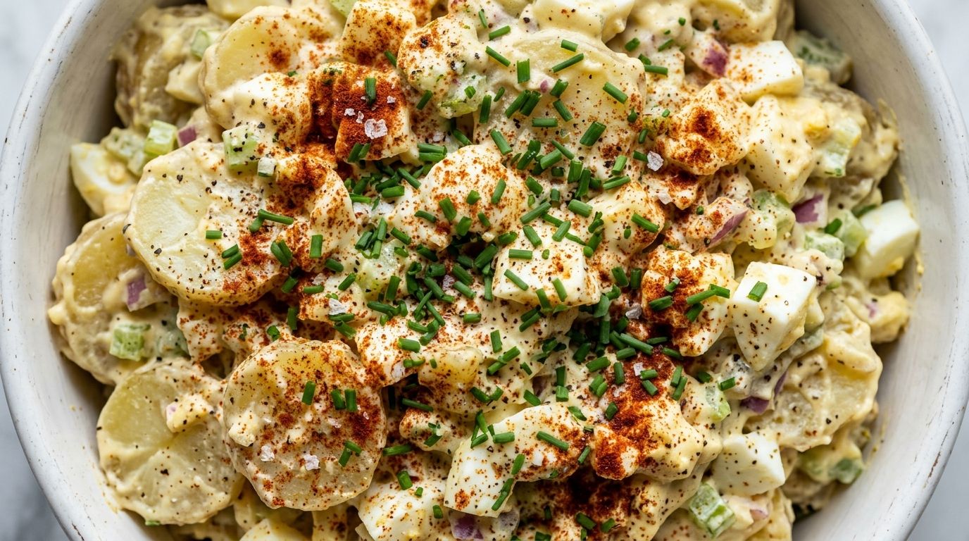 Deviled egg potato salad in a white bowl with paprika and chives on a dark oak surface.