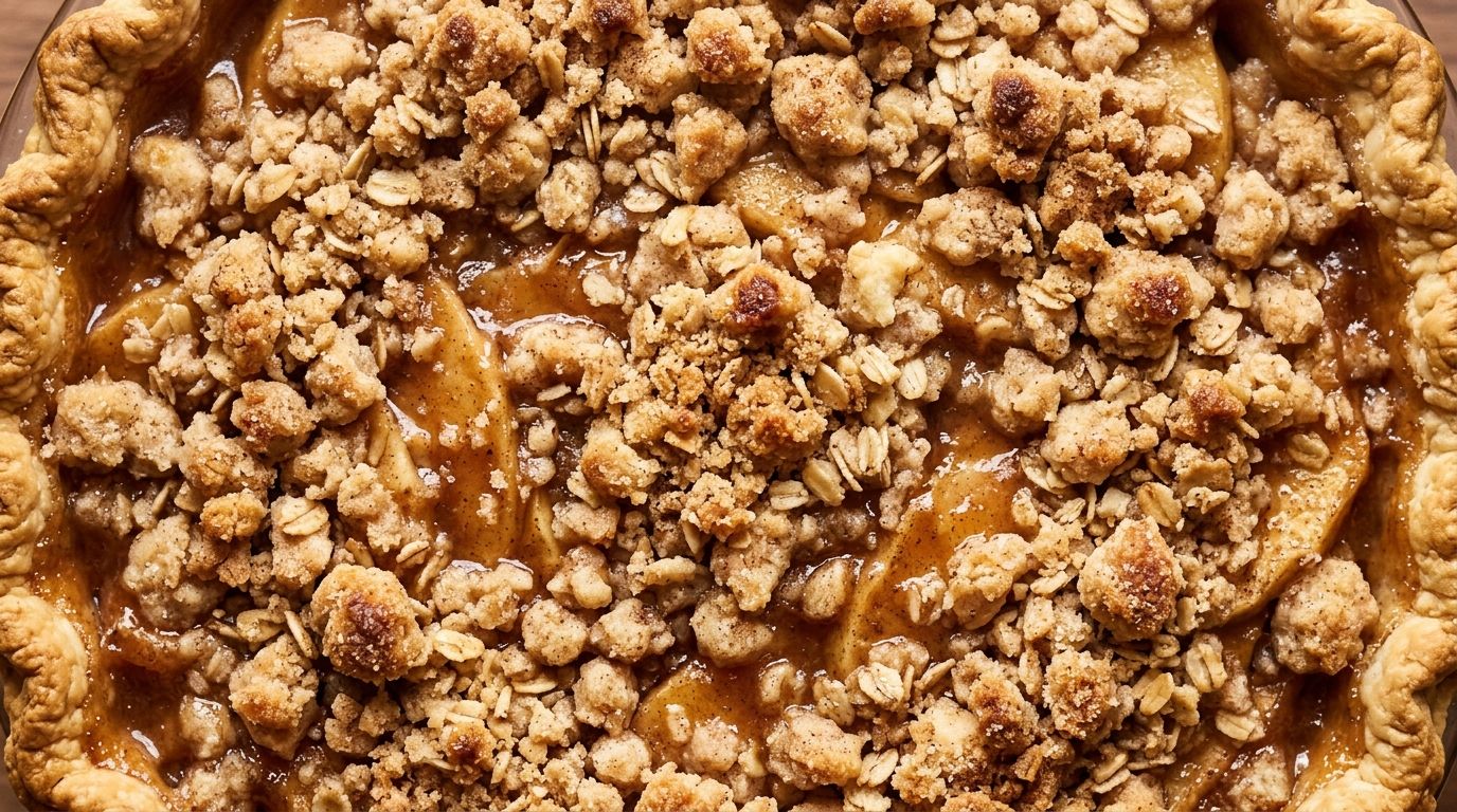 Dutch apple pie with golden streusel crumble topping and flaky crust edge on dark oak surface.