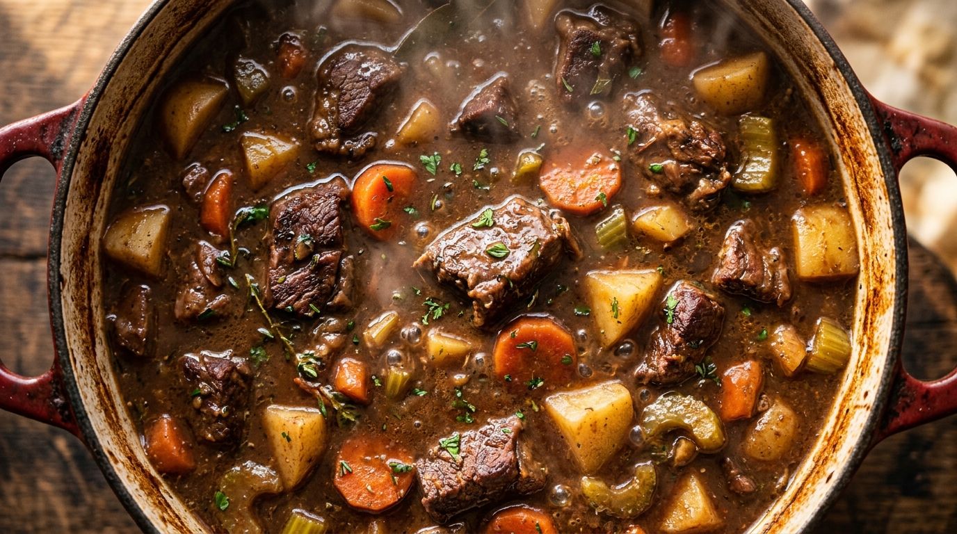 Dutch oven beef stew with tender beef chunks, potatoes, and carrots in a dark mahogany gravy.