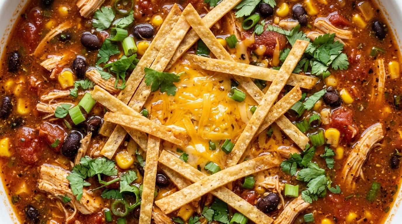 Easy chicken tortilla soup in a ceramic bowl topped with tortilla strips, shredded cheddar, and cilantro on a dark oak surface.