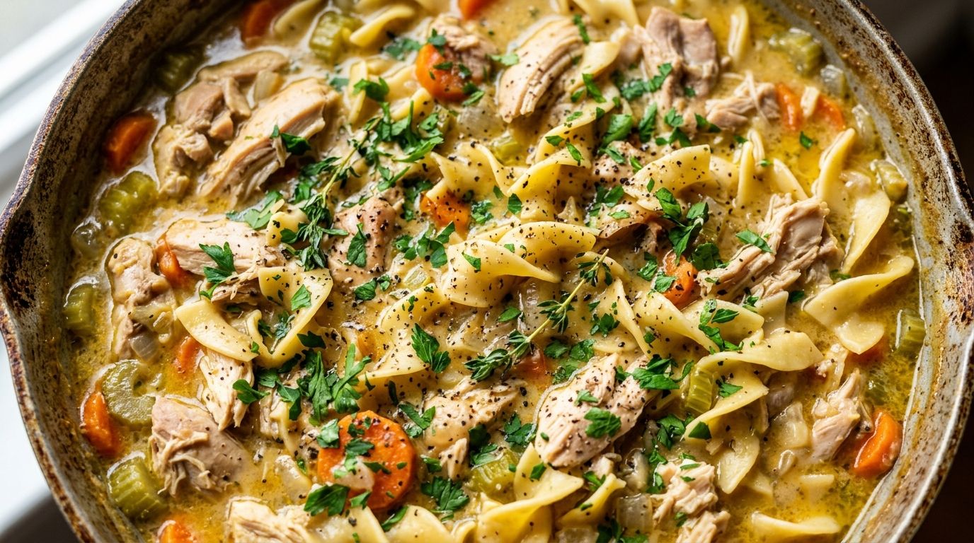 Easy rotisserie chicken noodle skillet in a pan with creamy broth and fresh parsley