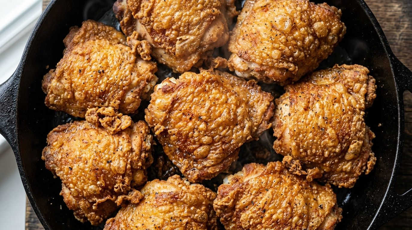 Crispy fried chicken thighs with deep golden crust in a cast-iron skillet on a dark oak board.