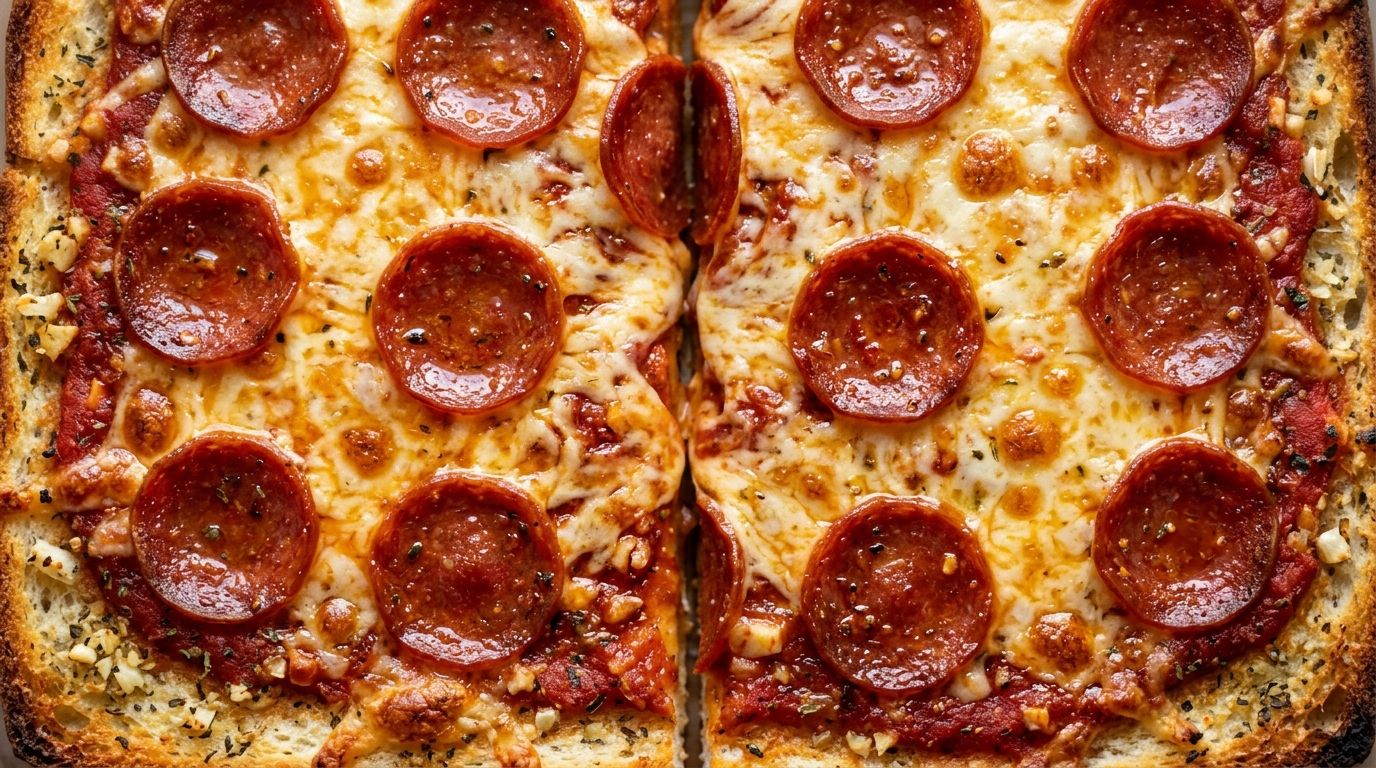 French bread pizza halves with golden bubbling mozzarella and pepperoni on a dark wood surface.