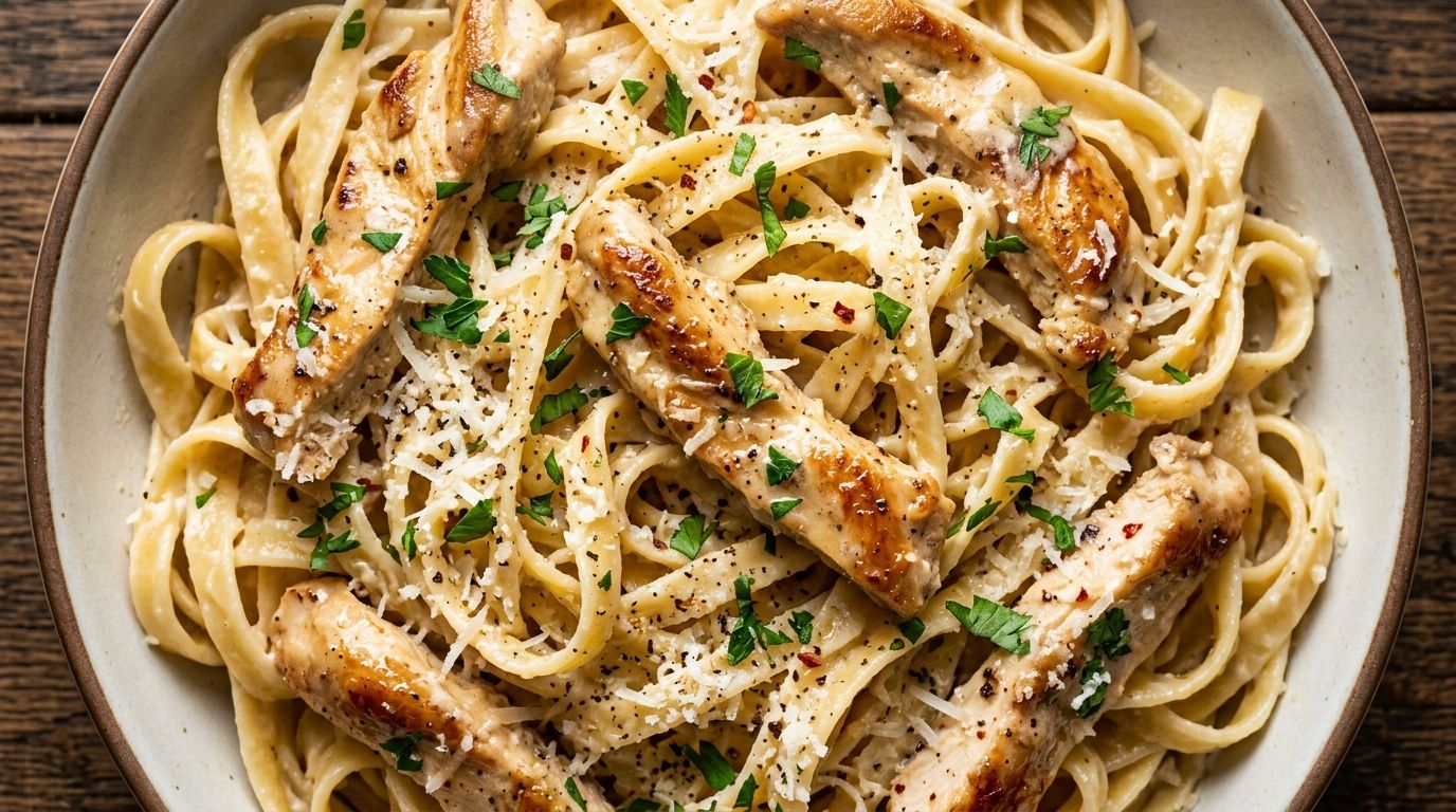 Garlic parmesan chicken pasta in a skillet with creamy sauce, sliced chicken, fettuccine, and fresh parsley.
