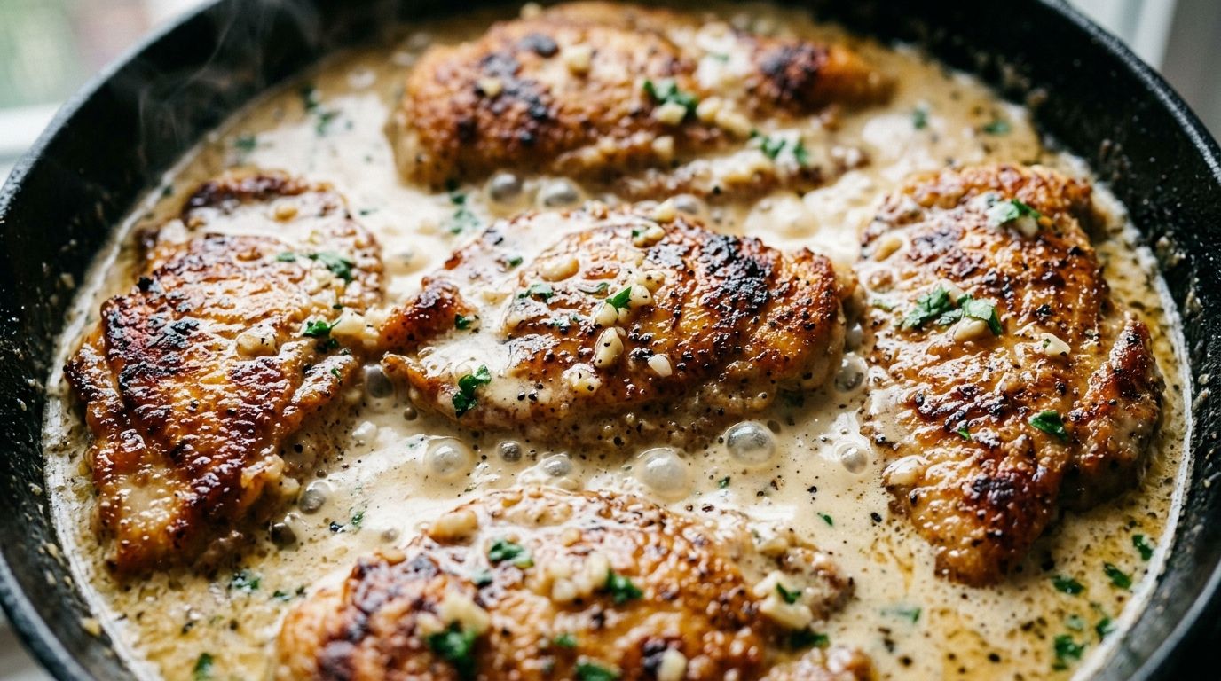 Garlic parmesan chicken cutlets in a creamy parmesan sauce in a cast-iron skillet with fresh parsley and lemon.
