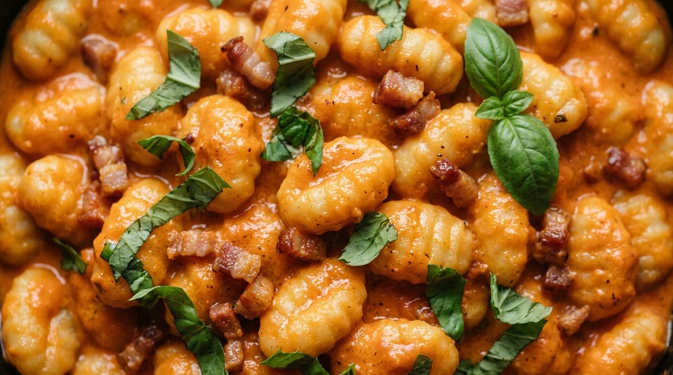 Creamy vodka tomato gnocchi sauce with pancetta and fresh basil in a dark skillet on oak wood.