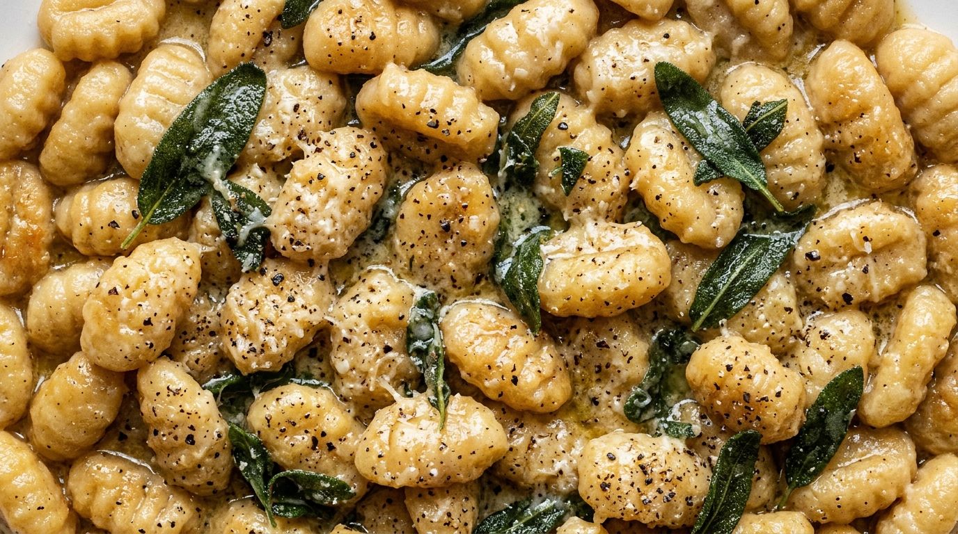 Gnocchi sauce with Pecorino and black pepper in a skillet, coated in glossy butter sauce.