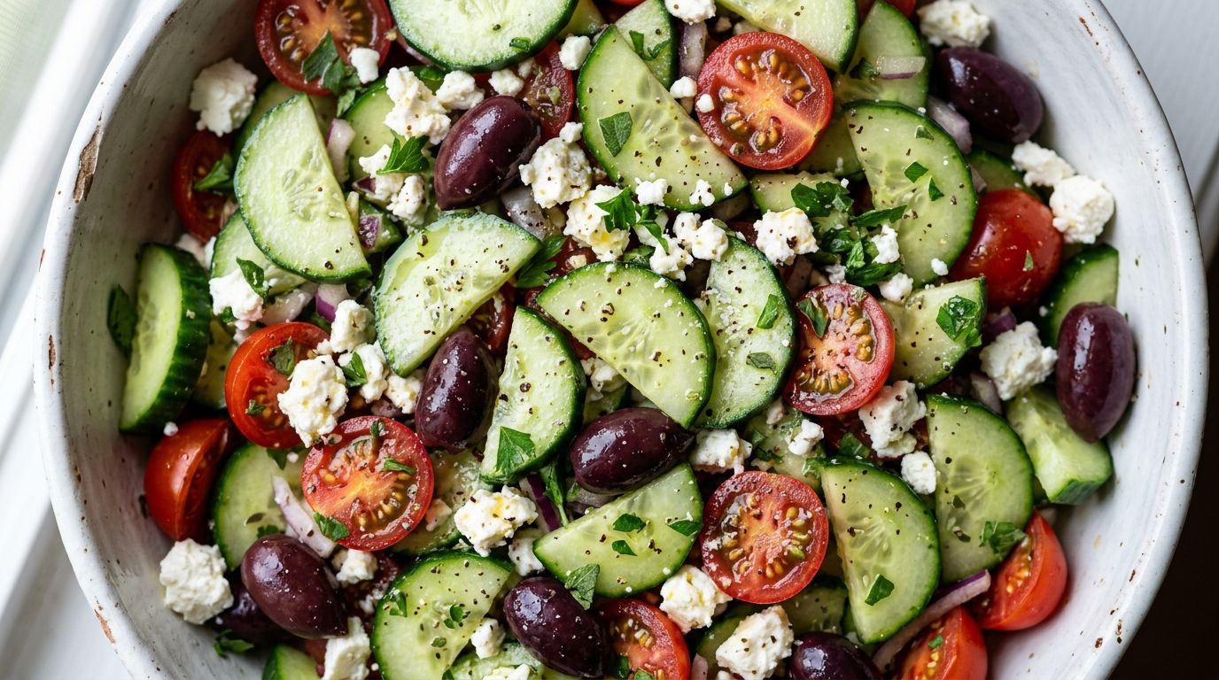 Greek cucumber salad with feta, olives, tomatoes, and red onion in a white ceramic bowl.
