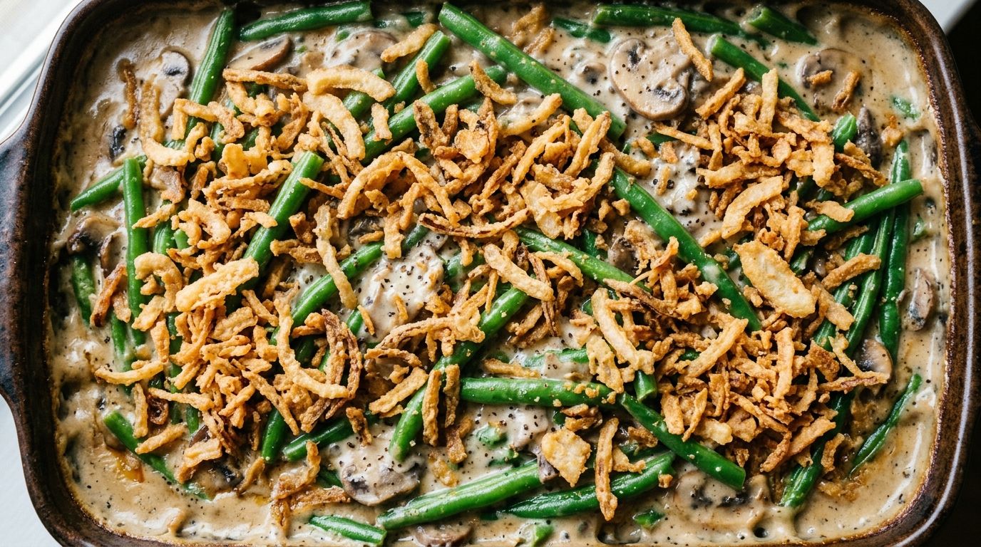 Green bean casserole from scratch in a baking dish topped with crispy golden French fried onions on a wooden surface.