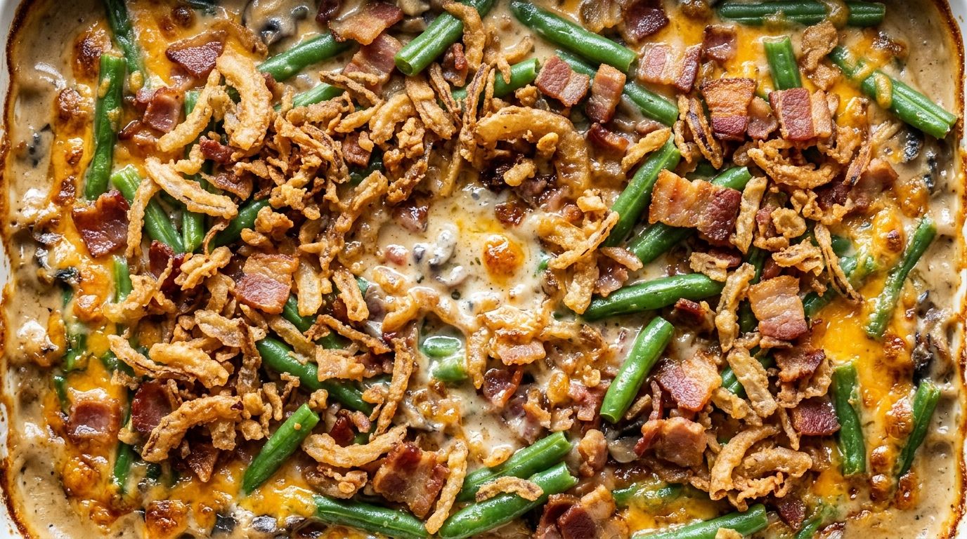 Bacon green bean casserole in a white baking dish with crispy golden fried onion topping and chunks of bacon visible.