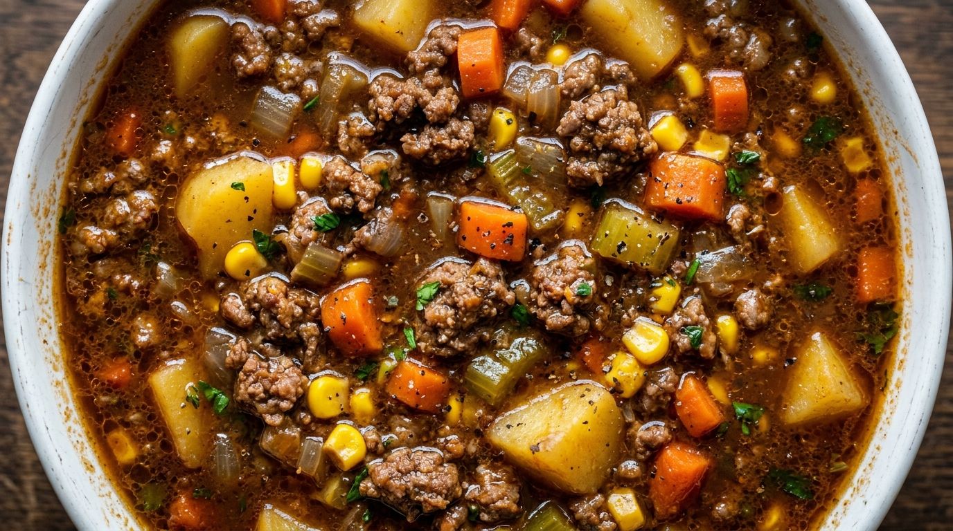 Ground beef stew with potatoes, carrots, corn, and bell pepper in a white ceramic bowl on dark wood.
