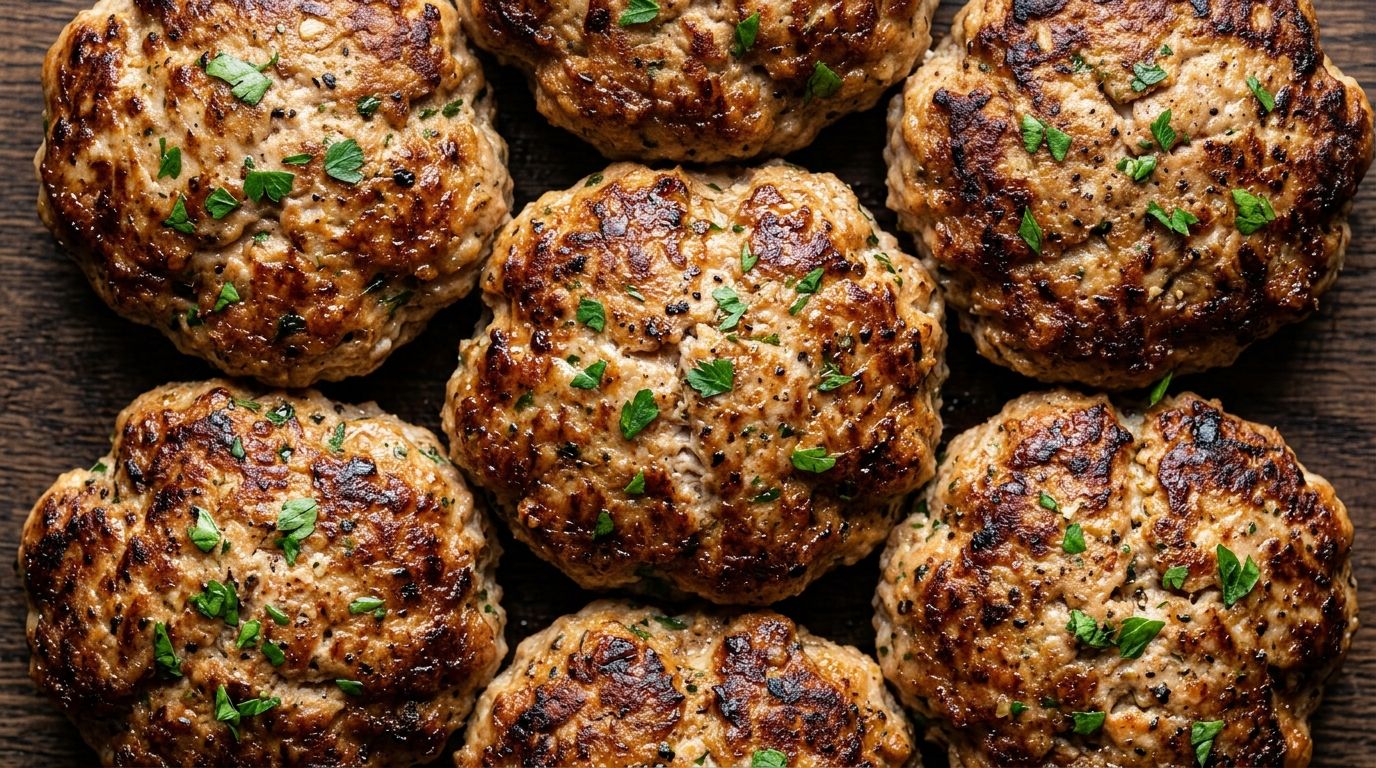 Golden-crusted ground chicken burger patties with parsley flecks on a dark oak surface.