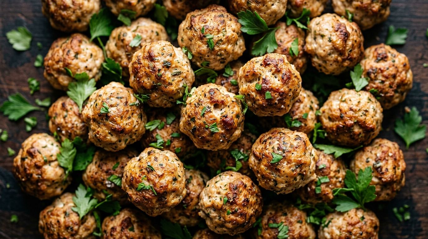 Baked ground chicken meatballs on a parchment-lined sheet pan with golden tops and fresh parsley.