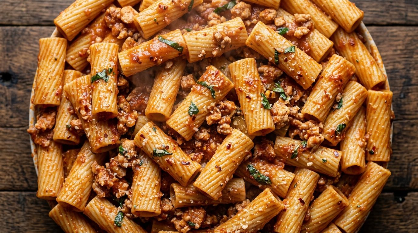 Ground chicken pasta with rigatoni, marinara sauce, and Parmesan in a skillet on a dark wood surface.