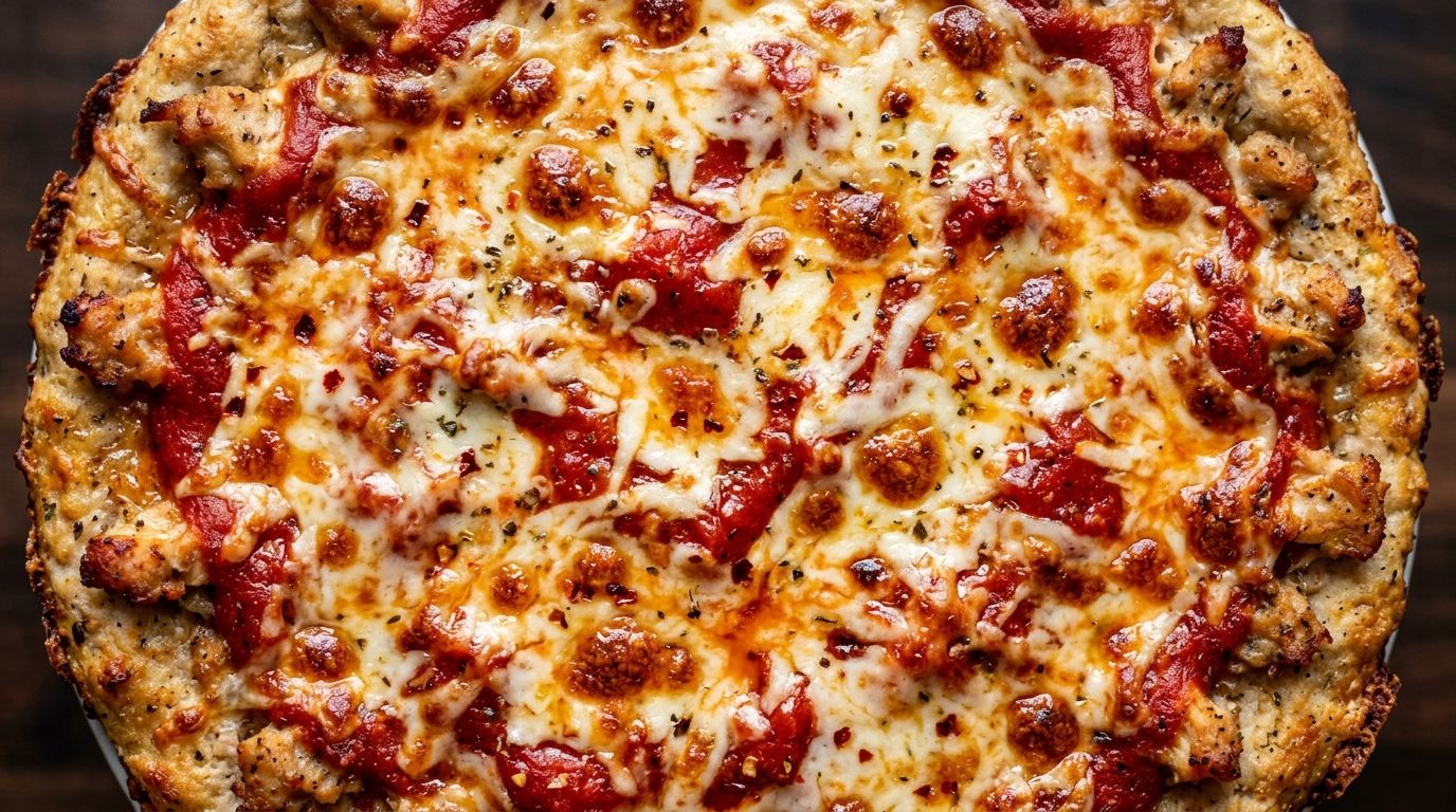A round ground chicken pizza crust topped with melted mozzarella and pizza sauce on a dark oak board.