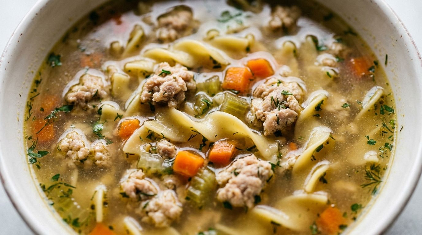 Ground chicken soup with egg noodles, carrots, and celery in a white bowl with golden broth.