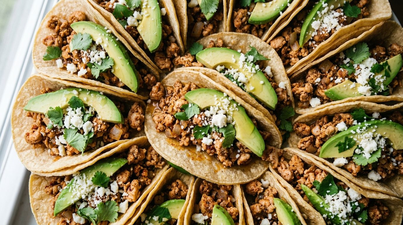 Ground chicken tacos in corn tortillas with avocado slices, Cotija cheese, and cilantro on a dark oak surface.