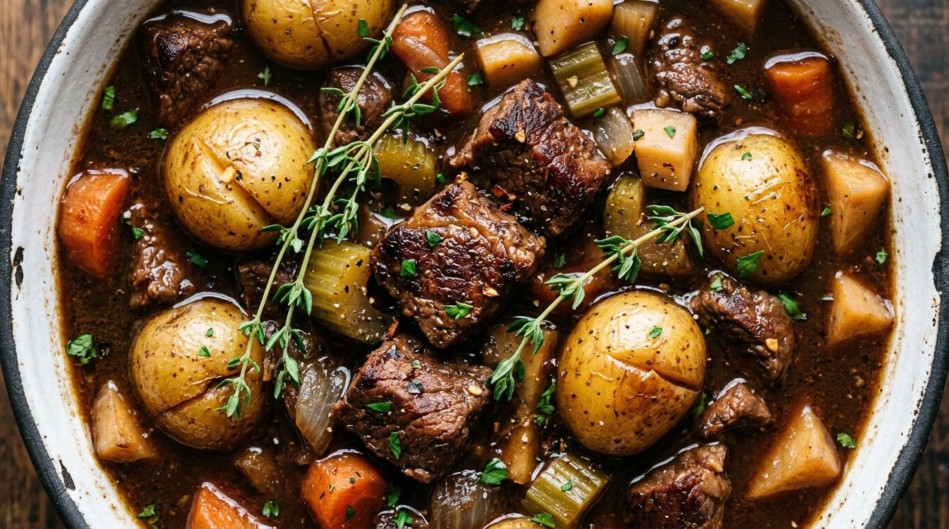 Guinness beef stew with tender beef chunks and root vegetables in a white ceramic bowl
