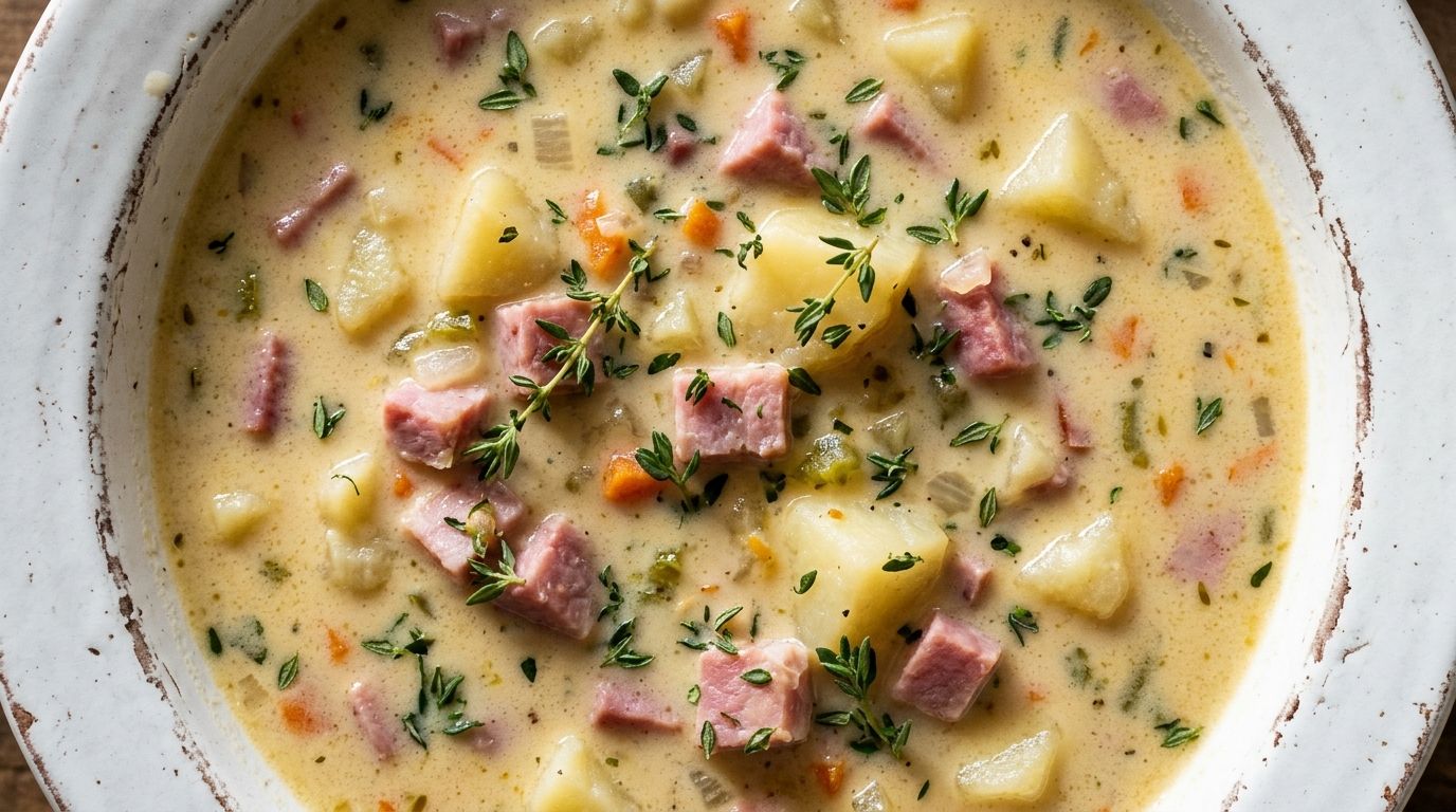 A white ceramic bowl of creamy ham and potato soup with potato chunks and diced ham on a dark oak surface.