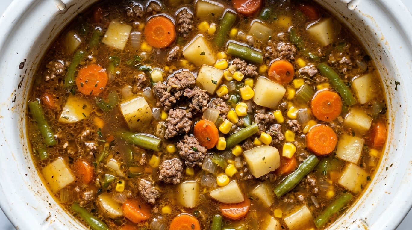 Hamburger vegetable soup in a white bowl with ground beef, potatoes, carrots, and green beans in a rich broth.