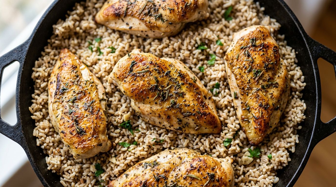 Golden chicken breasts resting on herbed brown rice in a cast-iron skillet with fresh parsley.