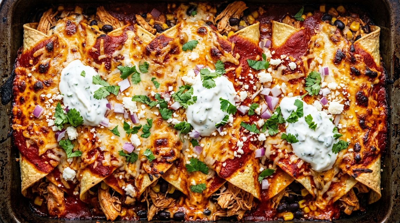Healthy chicken enchiladas in a baking dish with red enchilada sauce, golden cheese, and Greek yogurt topping on dark oak.