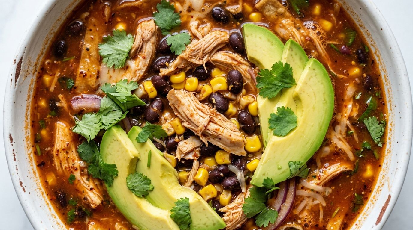 Healthy chicken tortilla soup in a white ceramic bowl with avocado, black beans, corn, and shredded chicken in red broth.