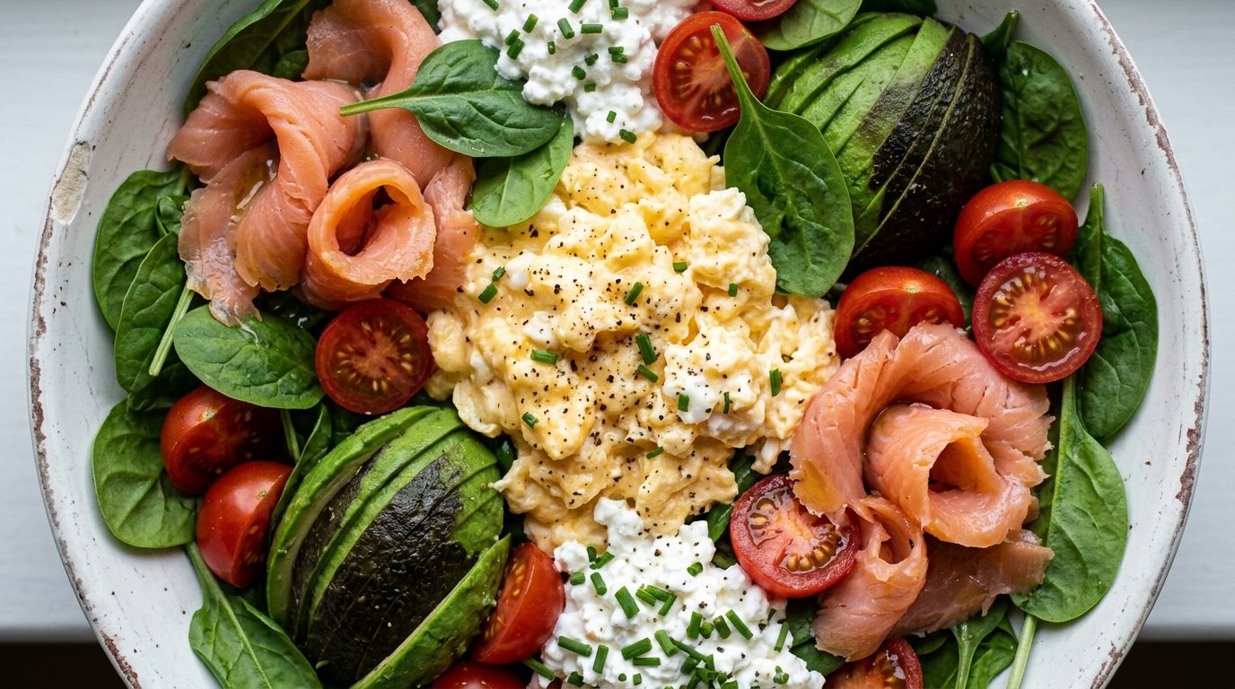 High protein breakfast bowl with scrambled eggs, smoked salmon, cottage cheese, avocado slices, and cherry tomatoes.