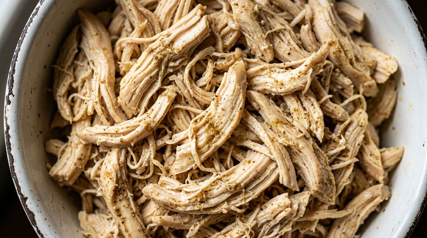 Slow cooker shredded chicken breast in a white bowl with broth, garlic, and cumin on a dark oak surface.