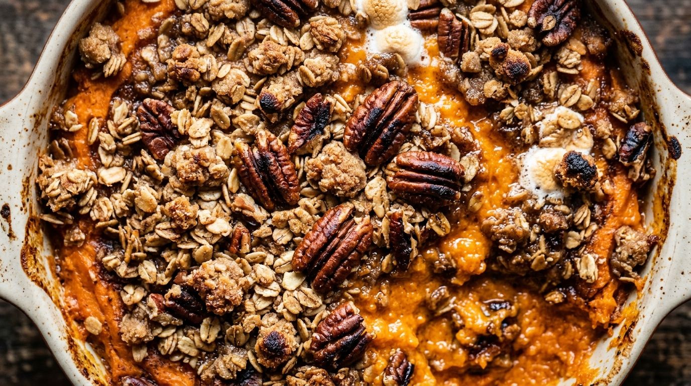 Healthy sweet potato casserole with golden oat-pecan streusel topping in a white baking dish.