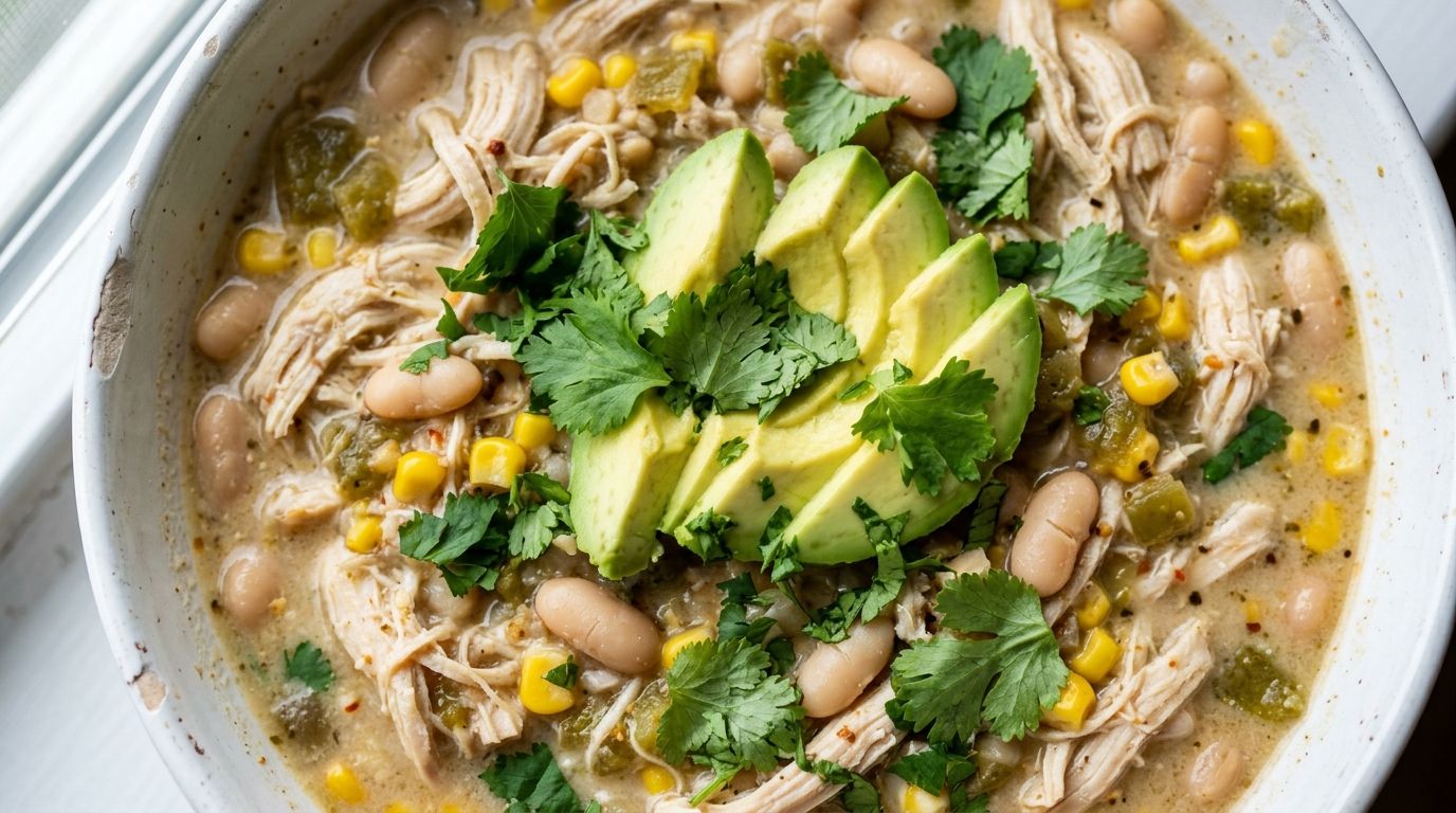 Overhead view of healthy white chicken chili in a white bowl with shredded chicken, white beans, avocado, and cilantro.