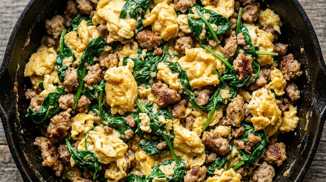 Turkey spinach egg scramble in a cast-iron skillet with golden eggs and wilted greens on a wooden board.
