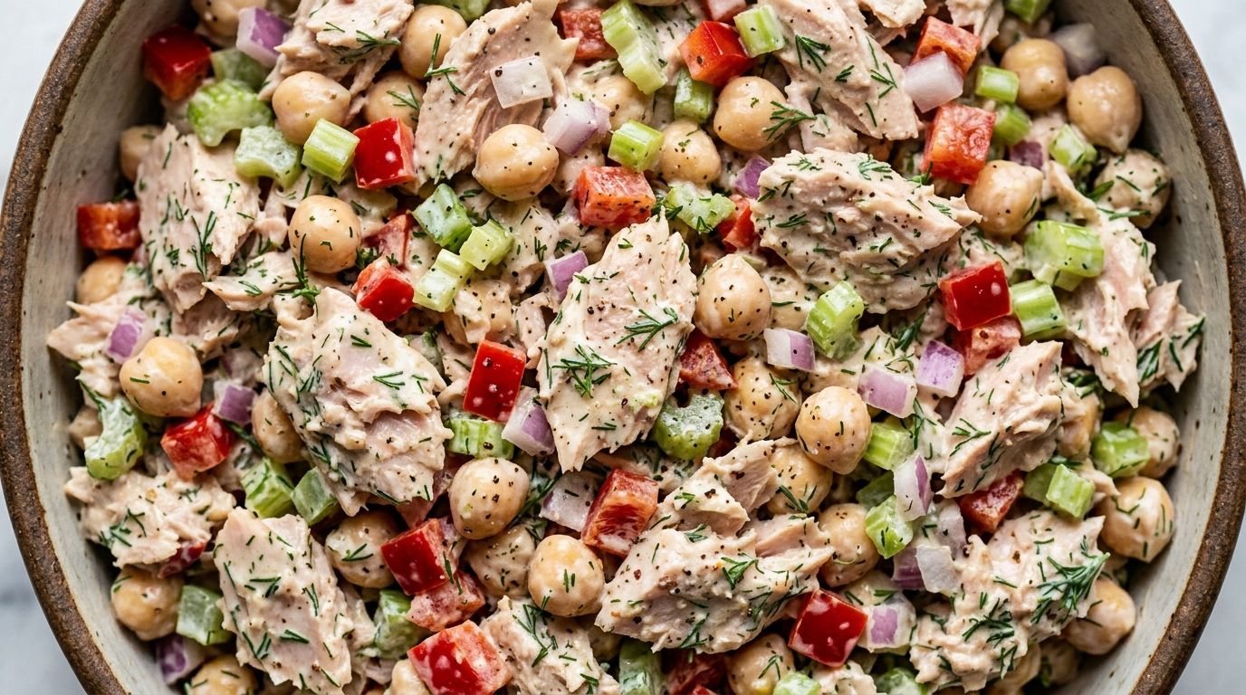 A bowl of creamy high protein tuna salad with chickpeas, red bell pepper, celery, and fresh dill on a worn oak surface.
