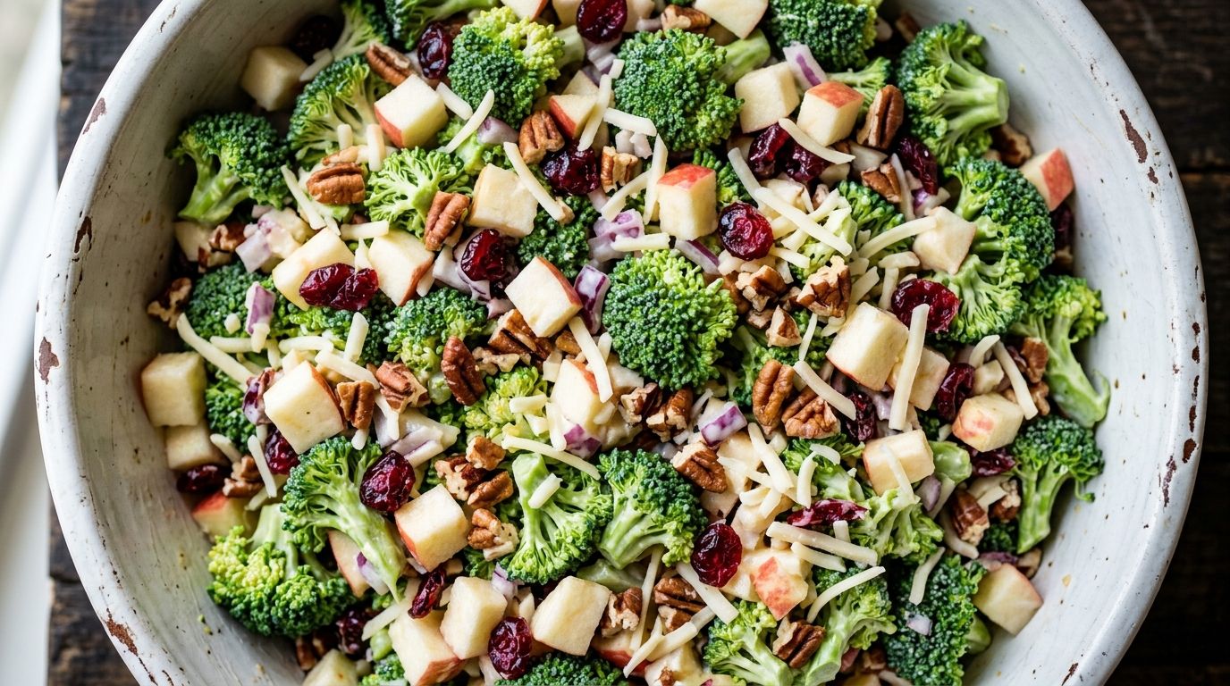 A white ceramic bowl of honeycrisp apple broccoli salad with cranberries, pecans, bacon, and cheddar on a dark oak surface.