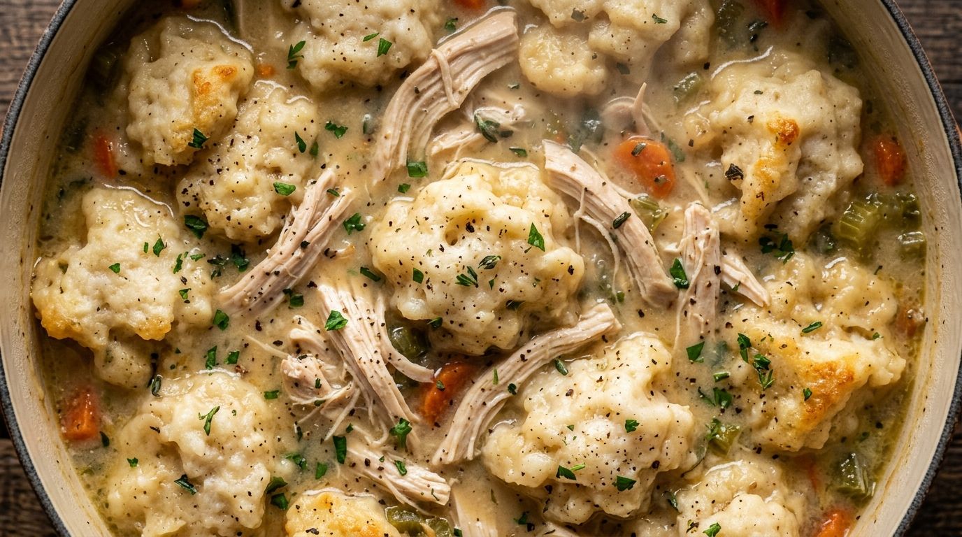 Instant pot chicken and dumplings in a rustic bowl with fluffy dumplings in creamy broth on dark oak.