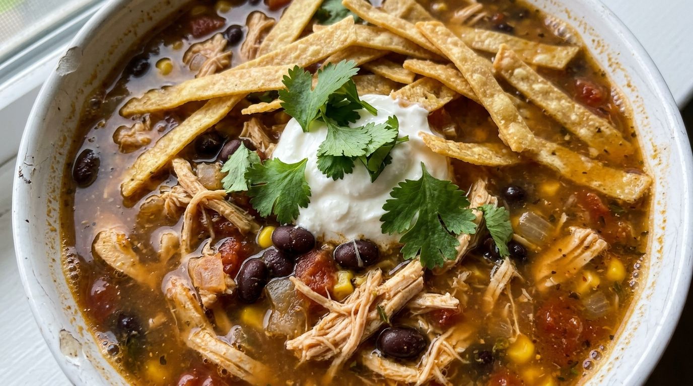 Instant Pot chicken tortilla soup in a white bowl with tortilla strips, avocado, and cilantro.