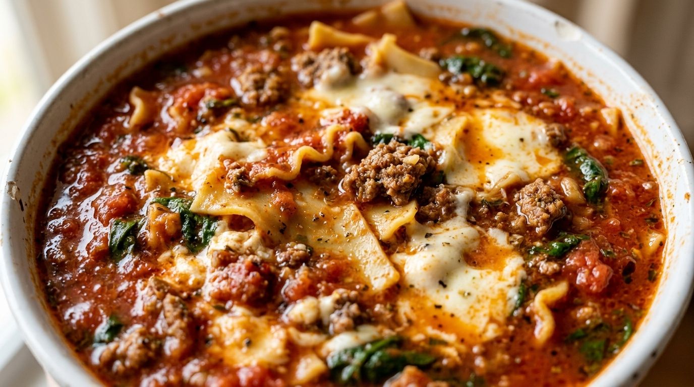 Instant pot lasagna soup in a white bowl with ground beef, broken noodles, and melted cheese in red tomato broth.